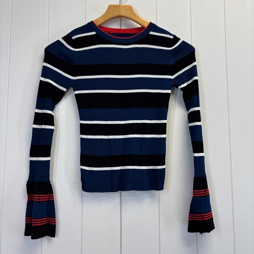 Y2K Preppy Striped Flare Sleeve Cropped Sweater Size S Dark Academia Scholar